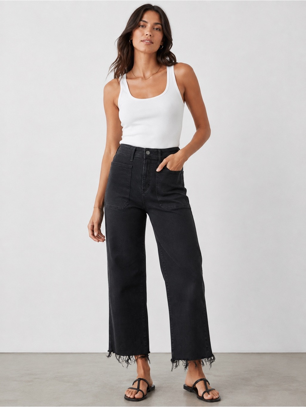 Just Black Black‎ Sailor Pocket Wide Leg Jeans Frayed Hem High Rise Size 28